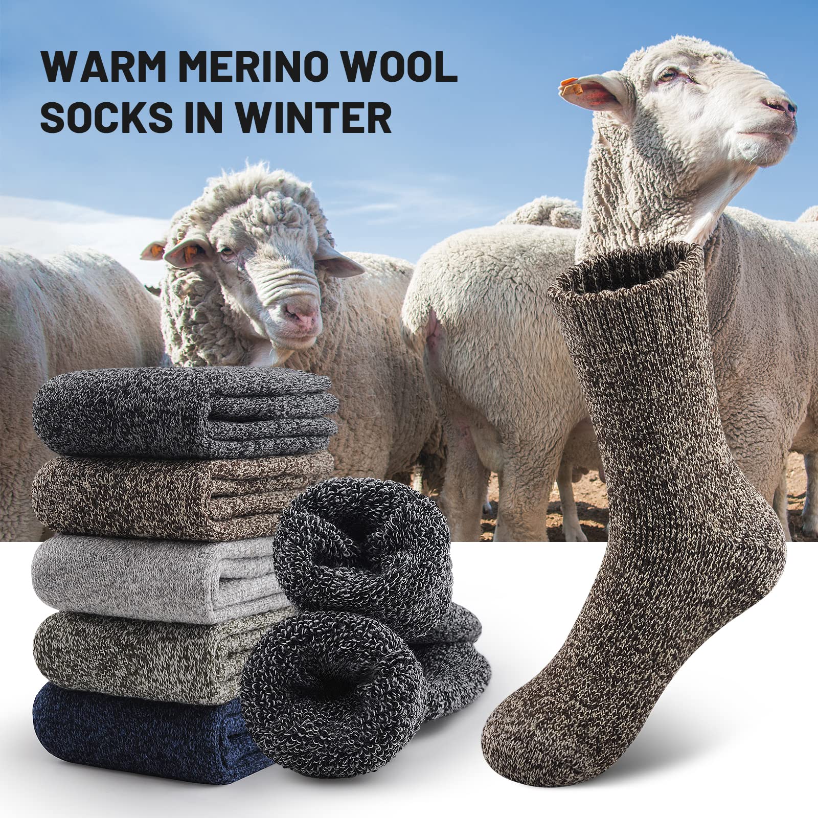 SIMIYA 5 Pairs Merino Wool Socks for Men, Thick Winter Wool Hiking Socks, Warm Breathable Crew Mens Socks（Fit USA Size 7-13