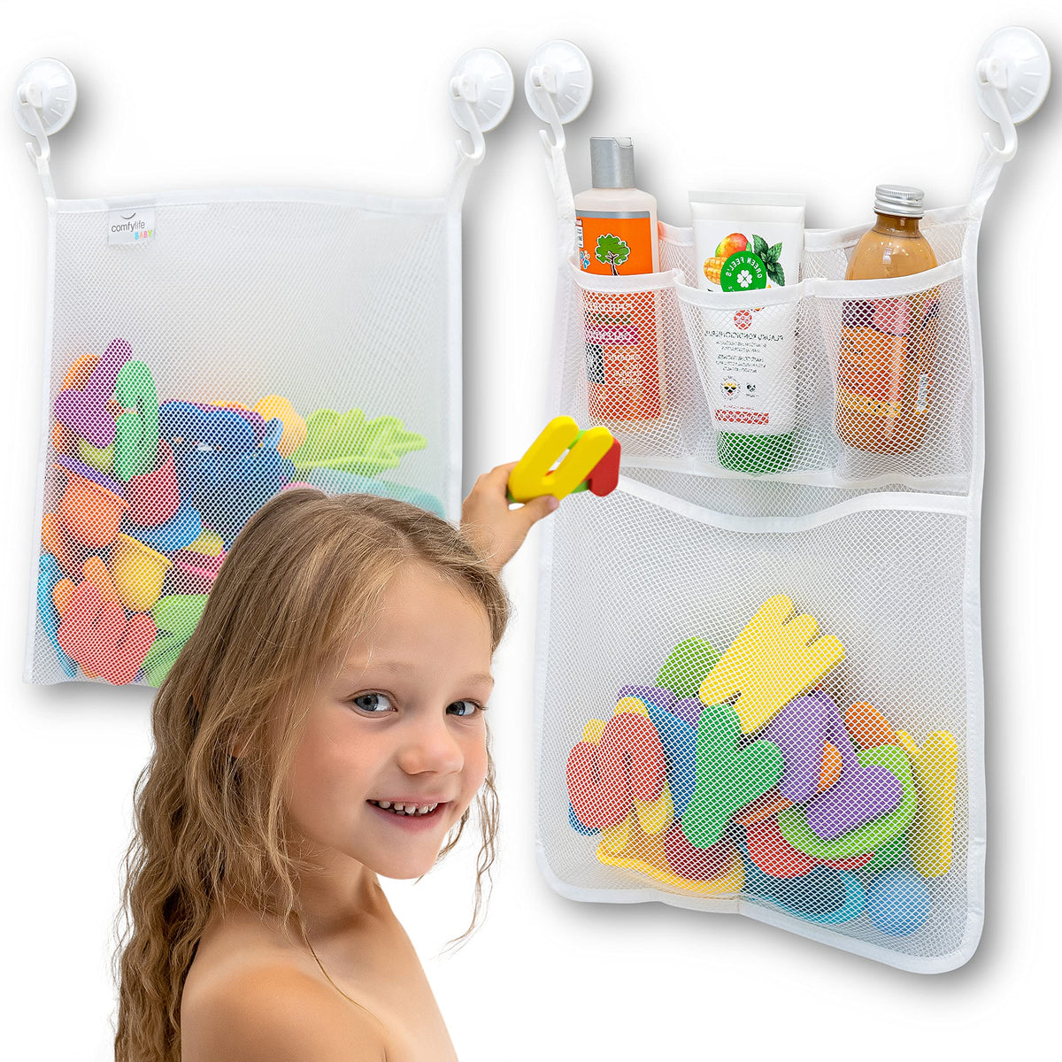 2 x Mesh Bath Toy Organizer + 8 Ultra Strong Hooks - The Perfect Bathtub Toy Holder & Bathroom or Shower Caddy - These Multi-use Net Bags Make Baby Bath Toy Storage Easy - For Kids & Toddlers