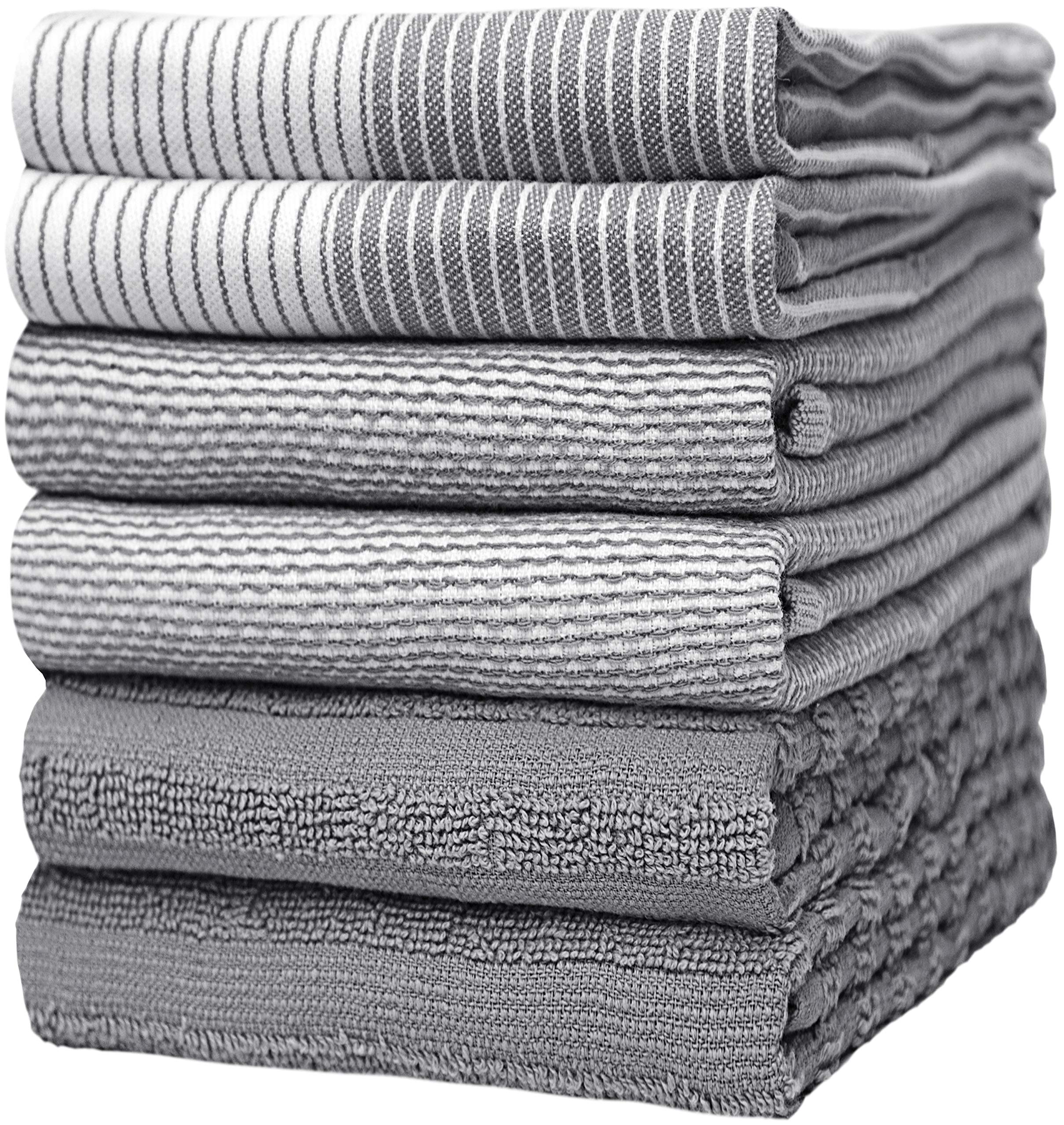 Premium Kitchen Towels (20"x 28", 6 Pack) | Large Cotton Kitchen Hand Towel | Flat & Terry Dish Cloths | Highly Absorbent Tea Towels Set with Hanging Loop | Gray