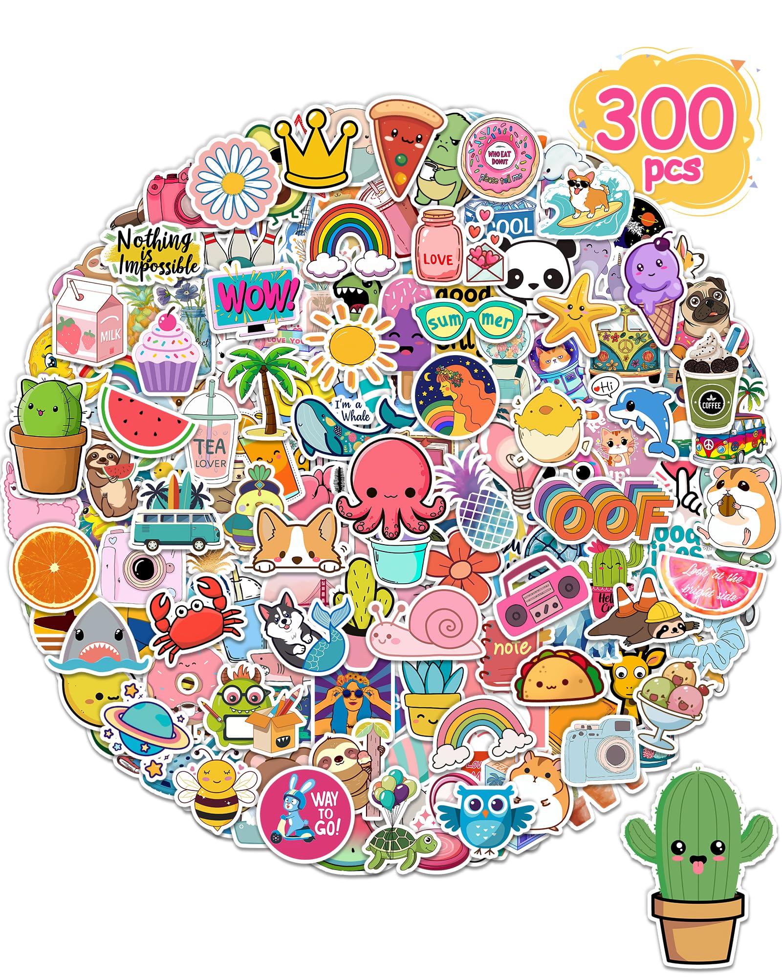 300 Pcs Stickers for Kids, Cute Water Bottle Vinyl Waterproof Laptop Stickers for Students Gifts School Supplies Classroom Teacher Prizes Sticker Pack for Kids Girls Teens