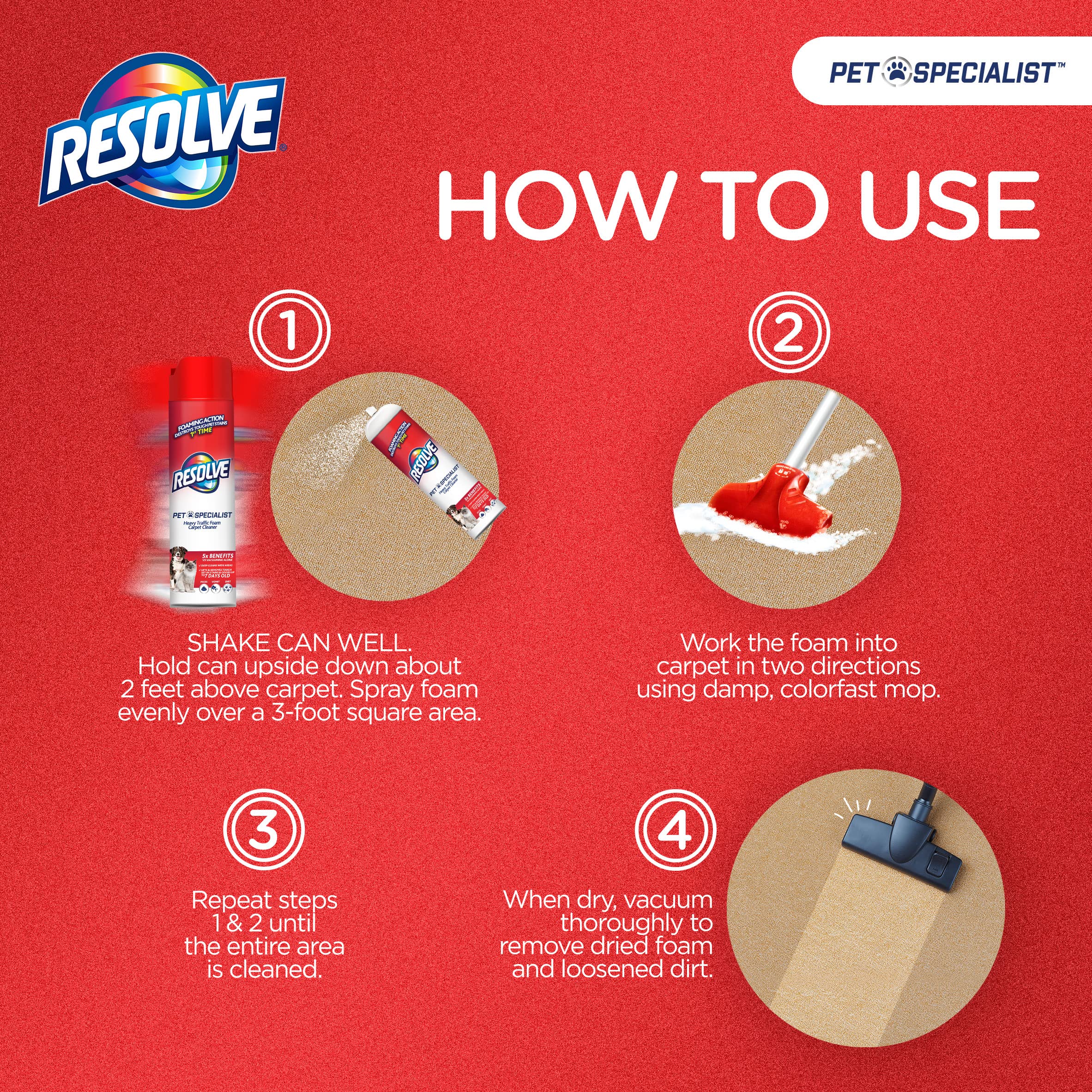 Resolve Pet Specialist Heavy Traffic Foam, Carpet Cleaner, Pet Stain And Odor Remover, Carpet Cleaner Solution, 2 Pack Of 22oz